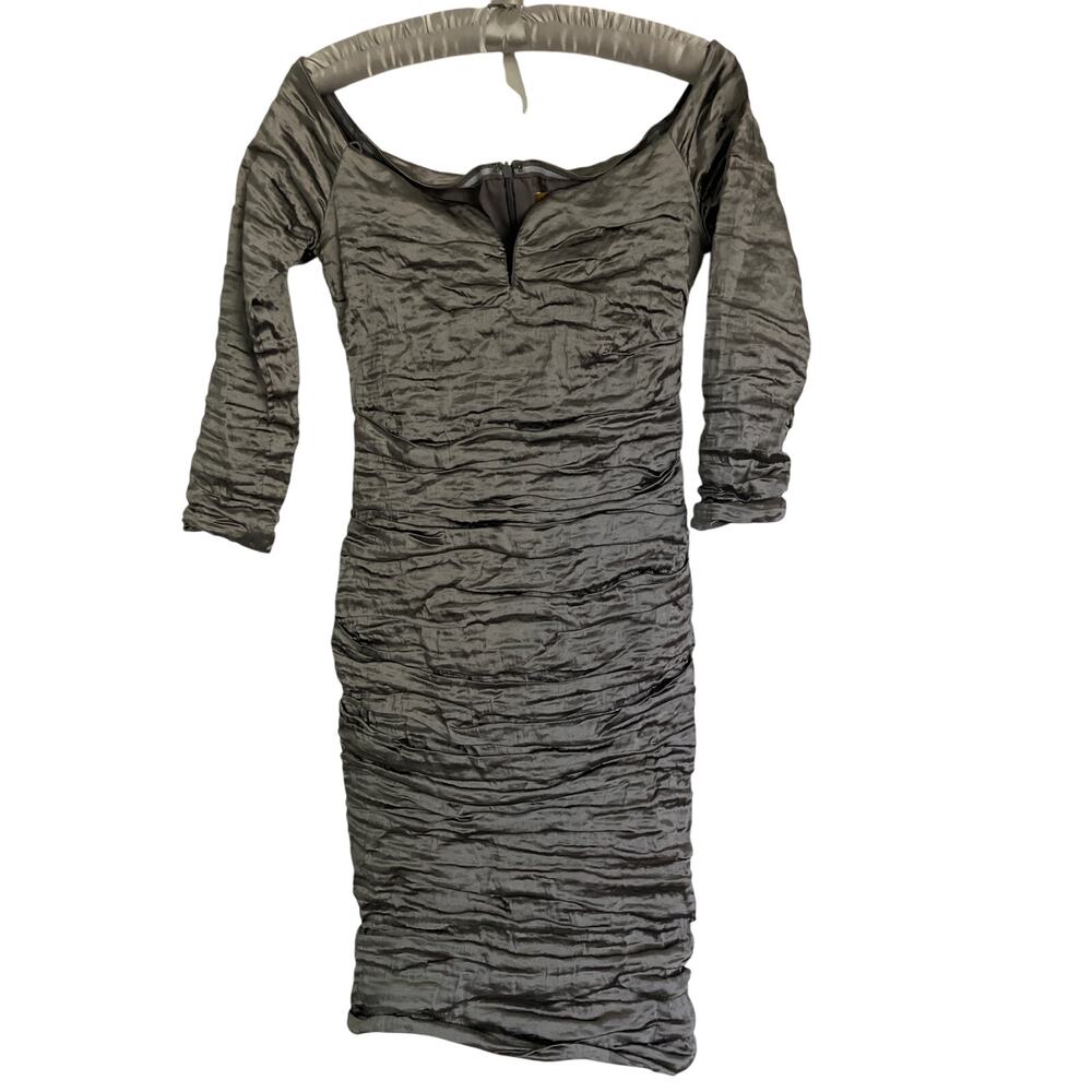 Nicole Miller Gunmetal Off Shoulder Ruched Cocktail Dress
